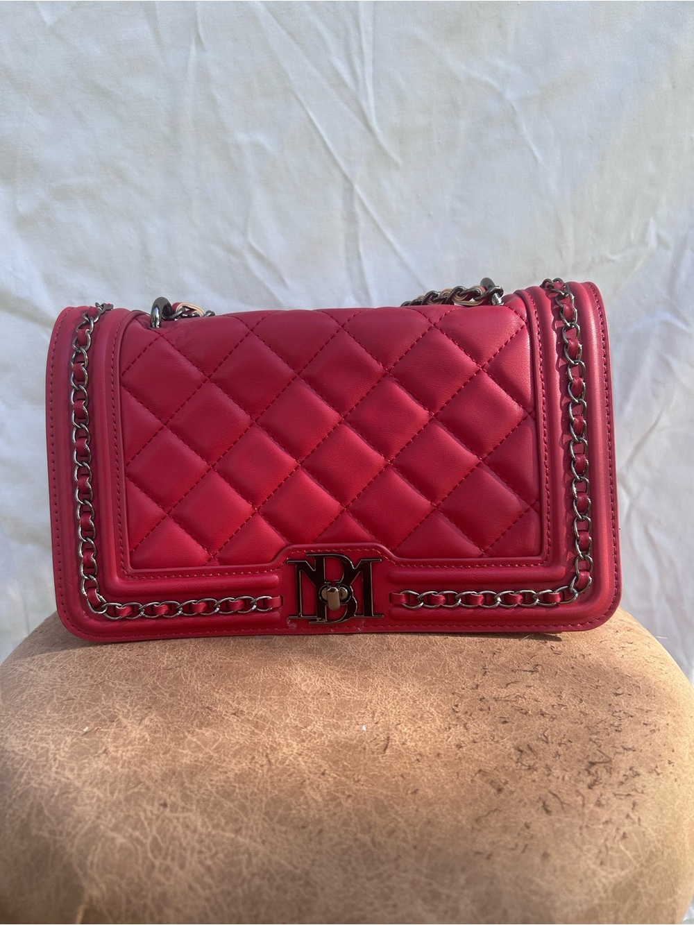 Badgley Mischka Quilted Red Shoulder Bag with Chain Trim